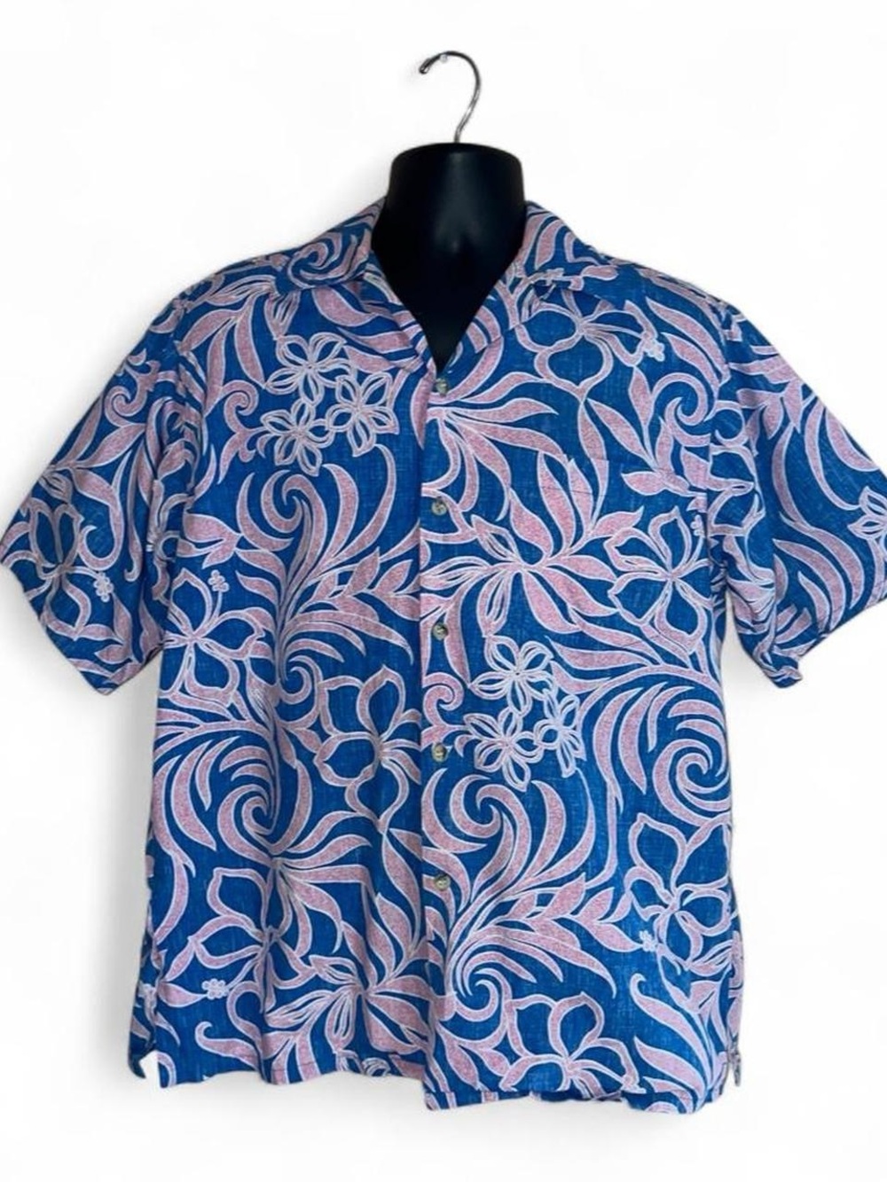 Vintage Men's Blue & Pink Floral Short-Sleeve Button-Down Shirt
